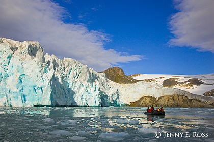 Ecotourists cruising near glacier, Hamiltonbukta, Spitsbergen